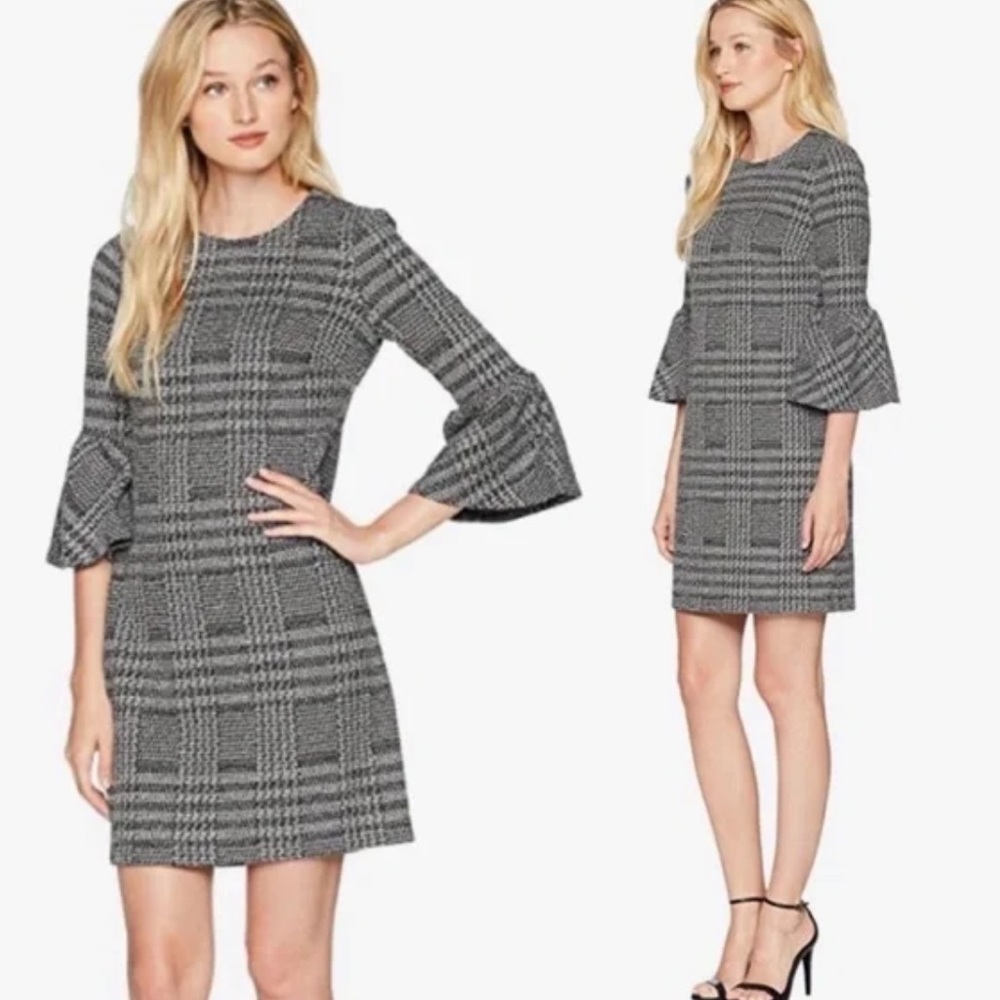 Calvin Klein Black White Tweed Plaid Ruffle Sleeve Mini Work Buisness Dress